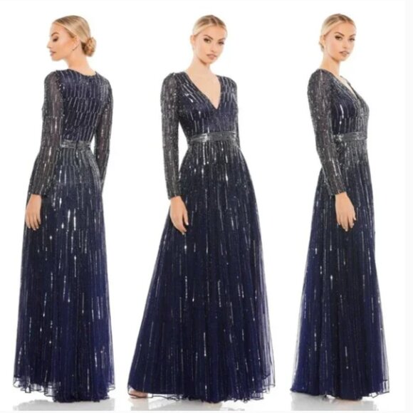 MAC DUGGAL 4977 SEQUINED V-NECK ILLUSIONS A-LINE MIDNIGHT GOWN sz 12 - Picture 1 of 5